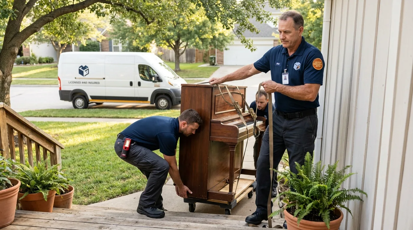 Licensed piano movers securing grand piano in Doniphan, MO